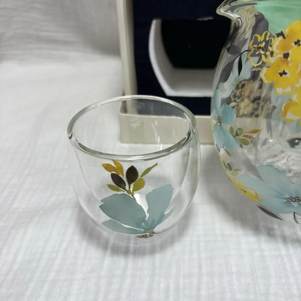 Vintage Cypress Refresh Glass Teapot Infuser 2 Double Wall Cups HandPainted NIOB